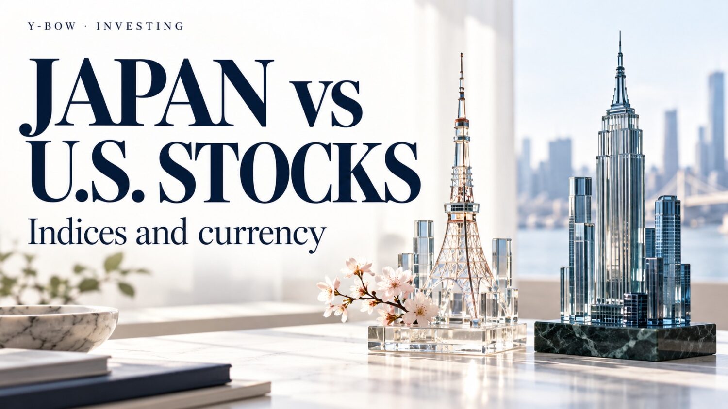 JAPAN vs U.S. STOCKS: Indices and currency. Conceptual editorial illustration.