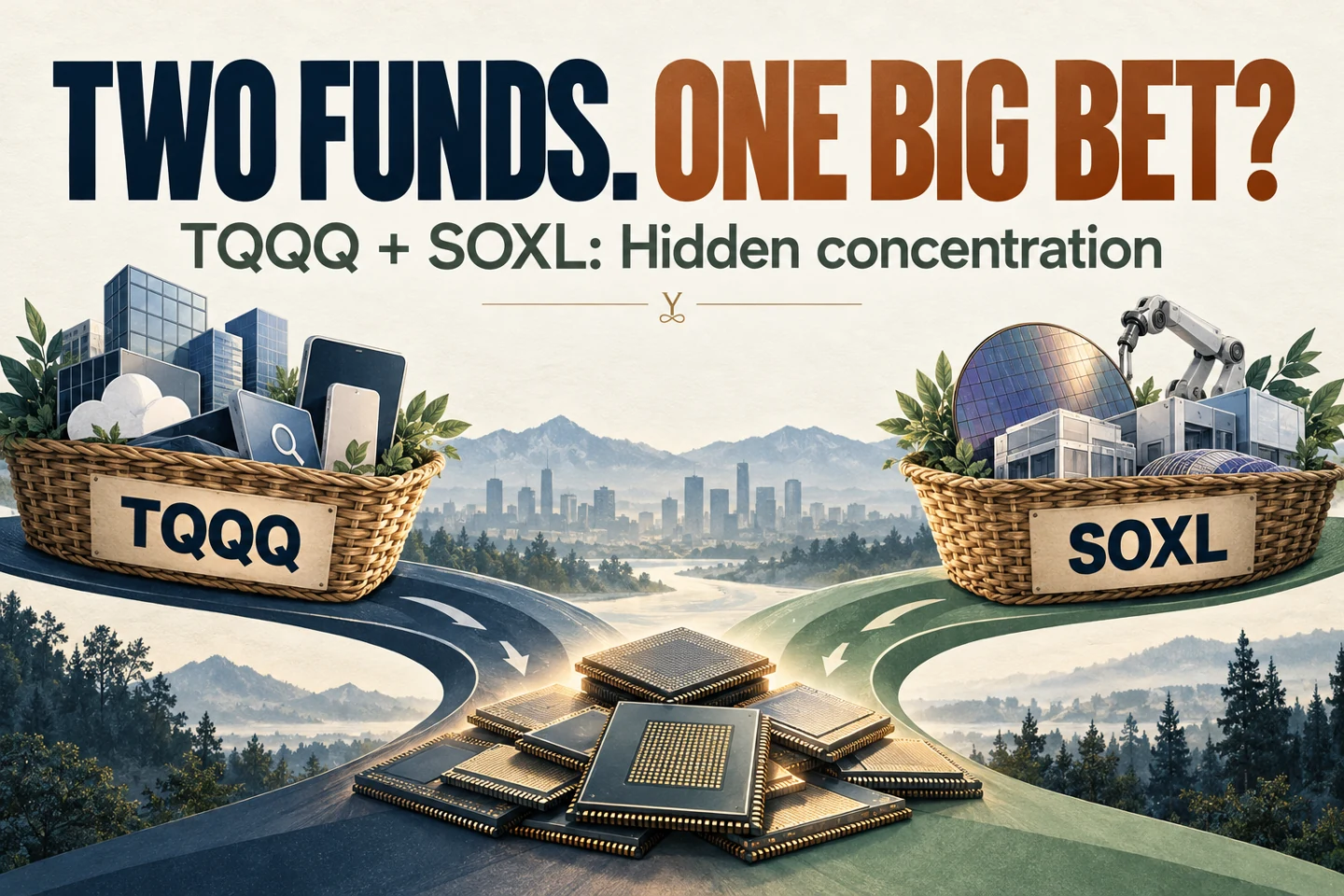 TQQQ and SOXL baskets lead to the same semiconductor chips, illustrating shared portfolio exposure.