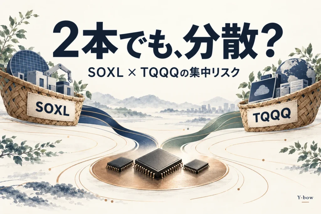 SOXLとTQQQの2つの投資かごが同じ半導体チップへつながる、集中リスクを示すイラスト。