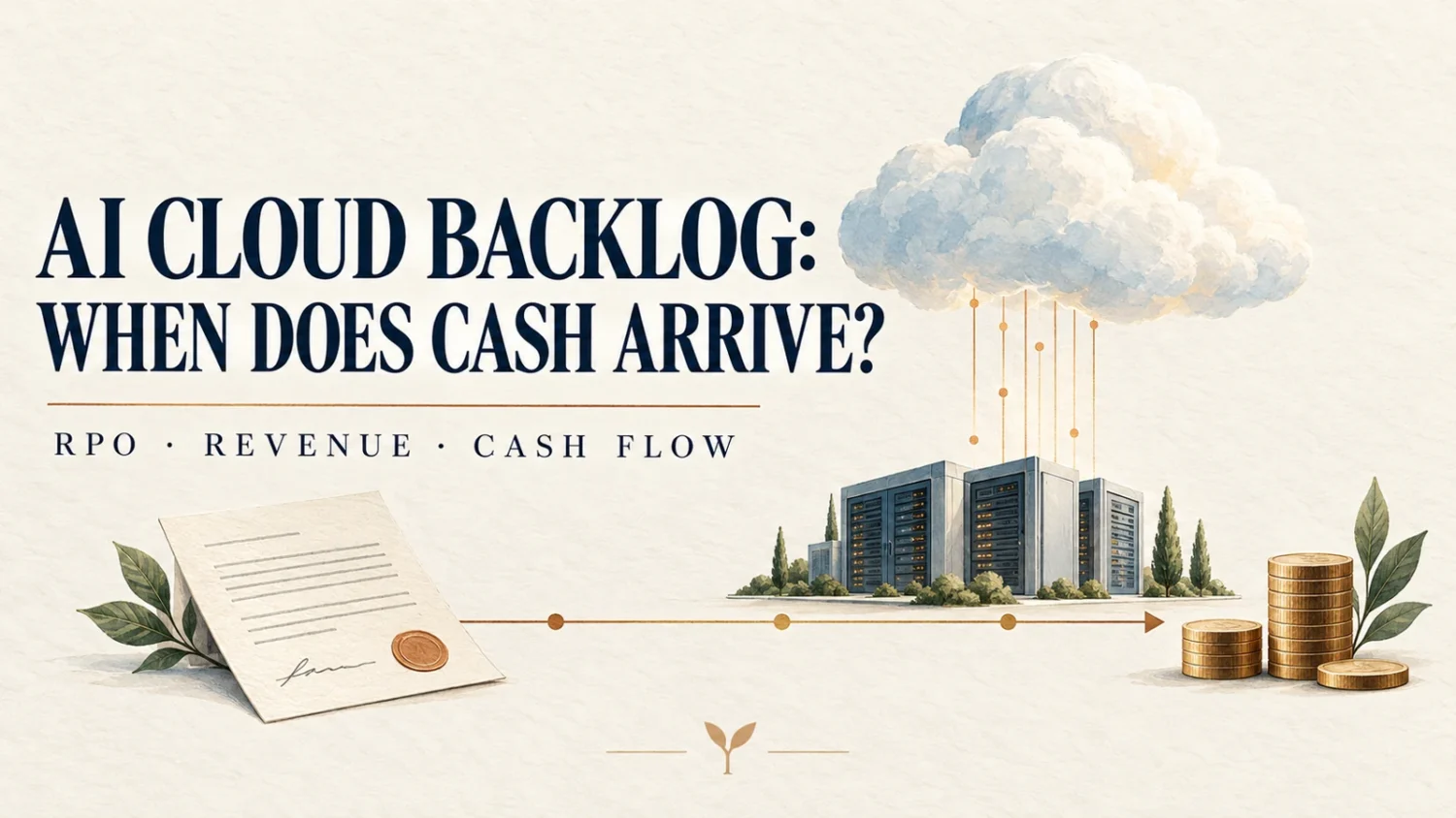 AI cloud backlog: when does cash arrive? RPO, revenue and cash flow. Conceptual illustration.