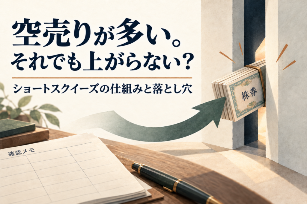 空売りが多い。それでも上がらない?ショートスクイーズの仕組みと落とし穴。概念イラスト。