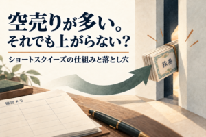 空売りが多い。それでも上がらない？ショートスクイーズの仕組みと落とし穴。概念イラスト。