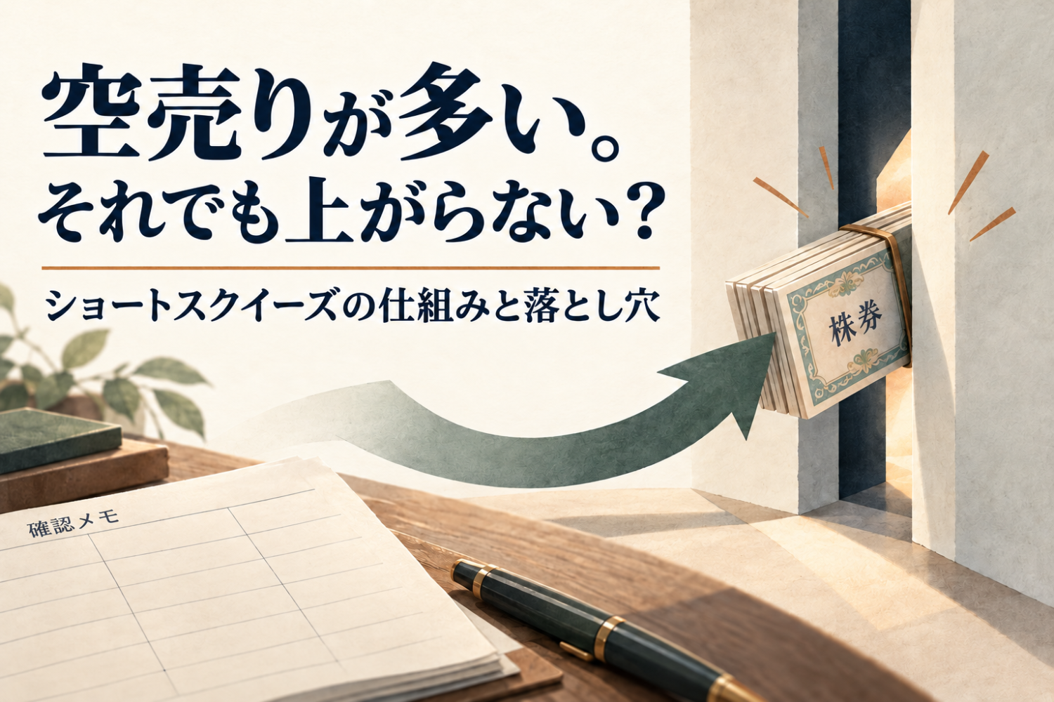 空売りが多い。それでも上がらない?ショートスクイーズの仕組みと落とし穴。概念イラスト。