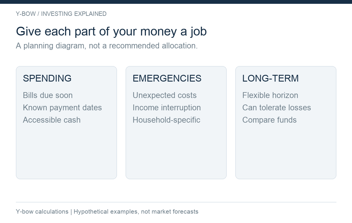 Original planning diagram by Y-bow: separate near-term spending, emergency reserves and long-term investment capital. No allocation percentages are prescribed.