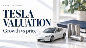 TESLA VALUATION: Growth vs price. Conceptual editorial illustration.