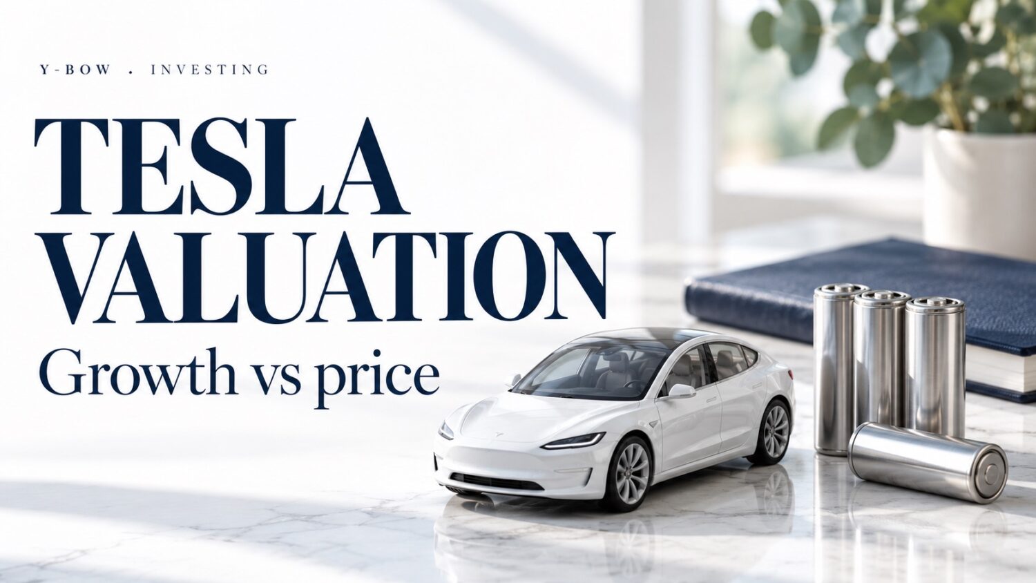TESLA VALUATION: Growth vs price. Conceptual editorial illustration.
