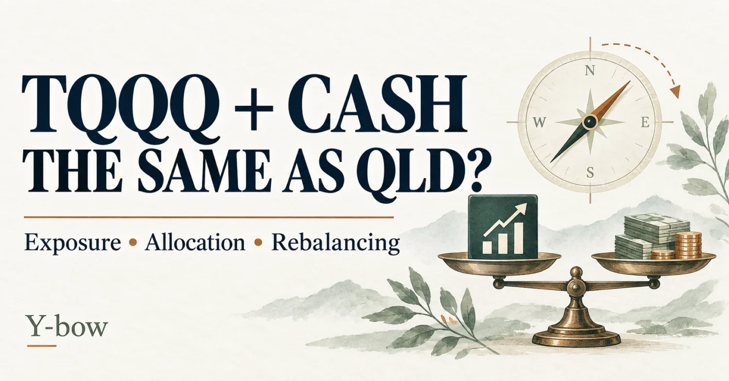 TQQQ plus cash versus QLD: a balance and compass illustrating exposure, allocation and rebalancing.