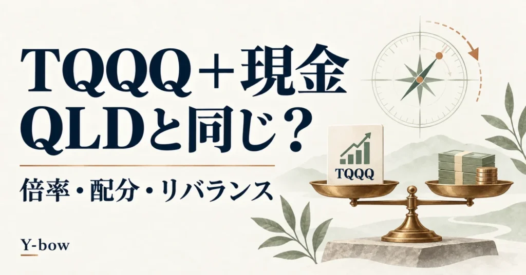 TQQQ＋現金はQLDと同じ？倍率・配分・リバランスを天秤と方位磁針で表したイラスト。