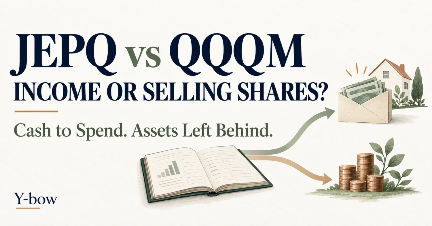 JEPQ versus QQQM: income or selling shares, with two paths from an investment ledger to household spending and remaining assets.