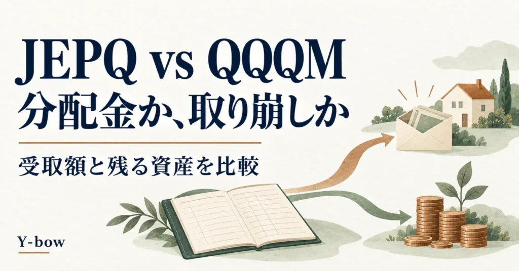JEPQとQQQM、分配金か取り崩しか。家計への現金と残る資産を帳簿と2本の道で示したイラスト。